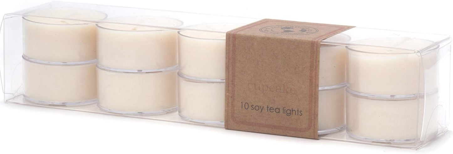 Eco Candle Co. Cupcake Tea Light Candles, 10-Pack, 9 Hr Burn Time | Scents of Yellow Cake & Icing - Recyclable Plastic Cups, No Lead, Hand Poured, Made from Midwest Grown Soybeans, .6 oz. Each