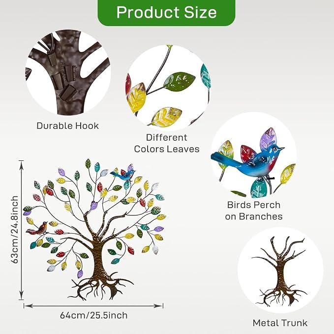 VEWOSTAR Metal Tree of Life Wall Art for Living Room Home Decor | Colorful Leaves Wall Sculpture Tree of Life Handcrafted Wall Decor Hangings for Outdoor Indoor(25.5" W * 24.8" H)
