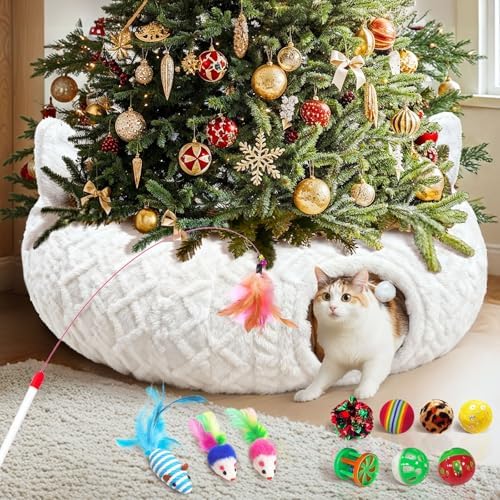 White Plush Christmas Cat Tunnel Tree Skirt with 11Pcs Interactive Cat Toys