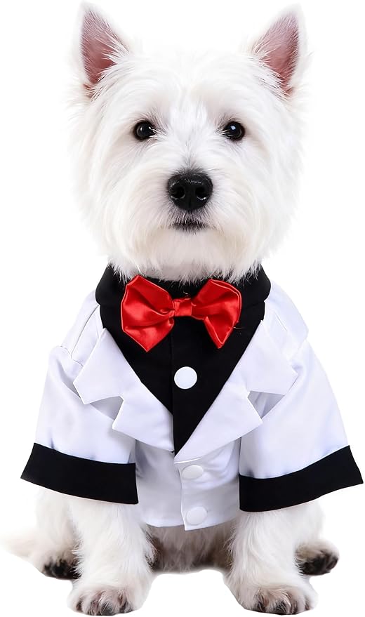 GabeFish Pets Wedding Jacket for Dogs - White Bow Tie Tuxedo Large