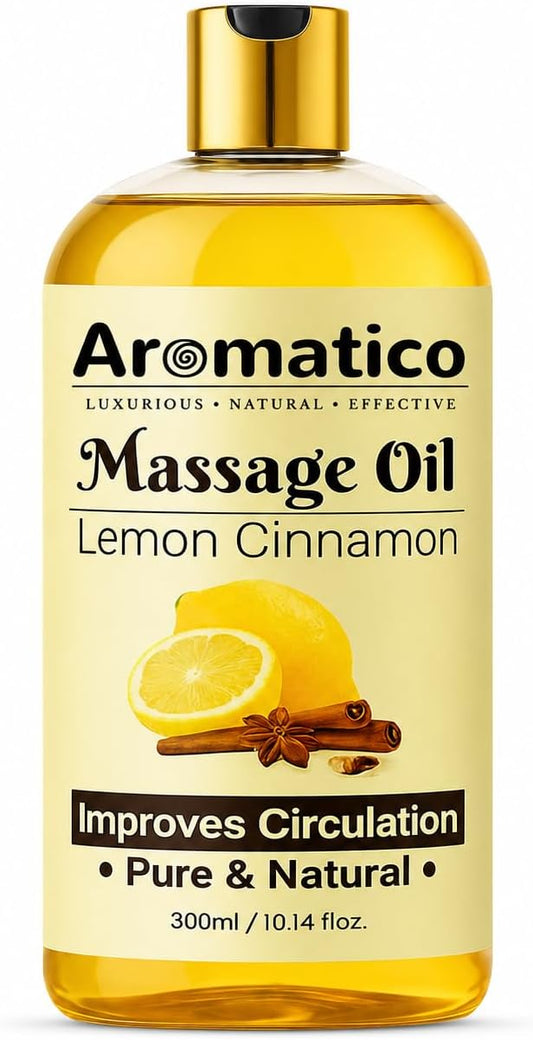 Aromatico Lemon & Cinnamon Massage Oil for Men & Women – 10 fl oz | Lightweight Non-Greasy Body Oil for Massage & Daily Body Care, Fast-Absorbing Moisturizing Oil with Citrus Aroma.