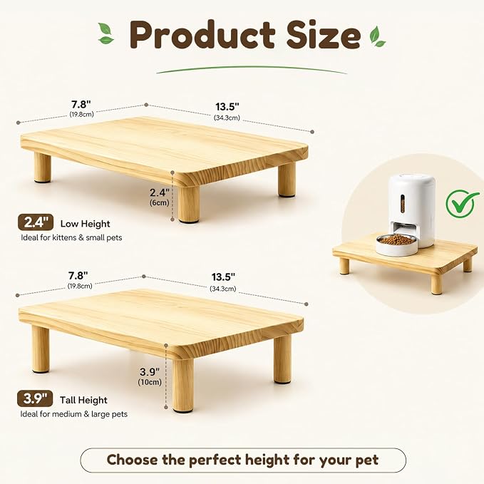 Elevated Cat Food Stand for Automatic Feeders, 13.5 x 7.8, 1 Pack | Adjustable to 2.4" or 3.9", raised platform for most auto feeders and cat bowls, solid pine wood, for comfortable feeding