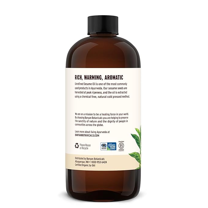 Banyan Botanicals Organic Unrefined Sesame Oil – Rich & Warming Ayurvedic Massage Oil for Body & Scalp – Traditional Abhyanga Oil for Deep Tissue Grounding & Recovery – 16 oz – USDA Organic