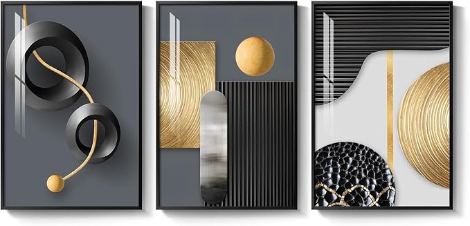 Framed Modern Elegant Wall Art for Living Room, 3 Piece Contemporary Luxury Prints Paintings, Black and Gold Abstract Geometric Pictures for Bedroom Dining Room Hallway Entryway Home Office Wall Decor 20x30 In