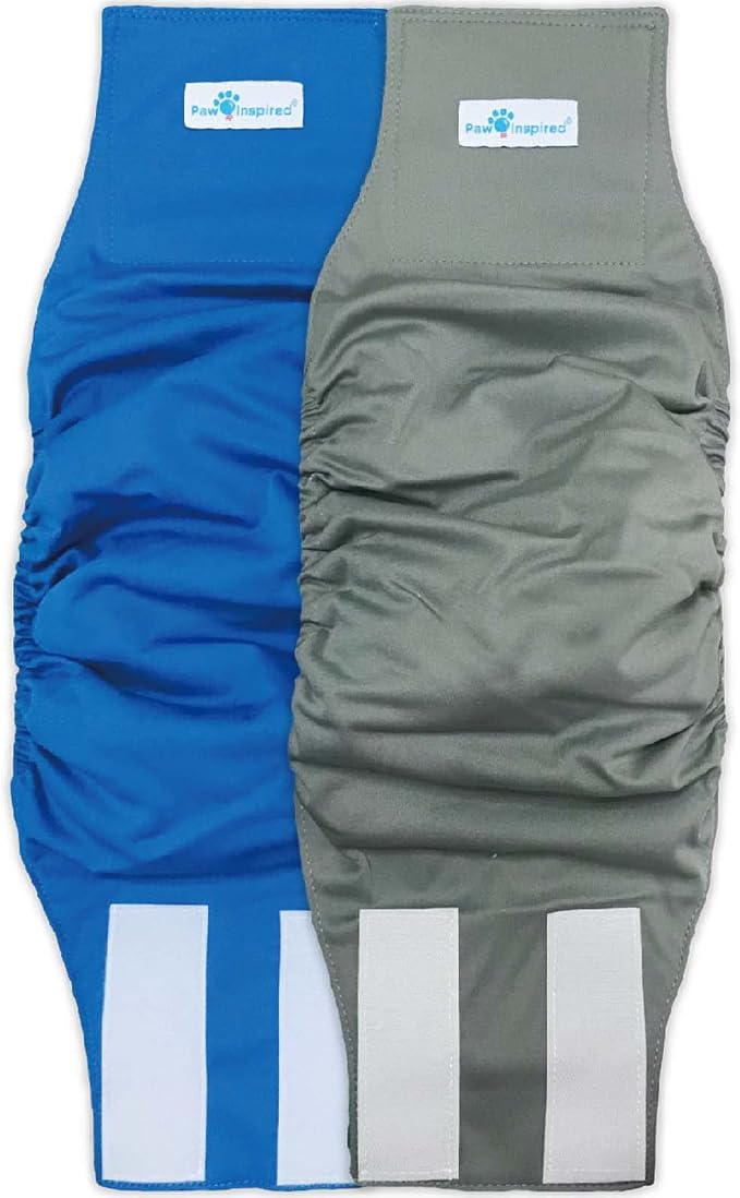 Paw Inspired Washable Male Dog Wraps, Assorted, White Lining, Large, 2 Pack | L Size, Blue/Green Colors, Reusable Cloth Belly Bands for Potty Training, Marking, Incontinence, Travel, Surgery