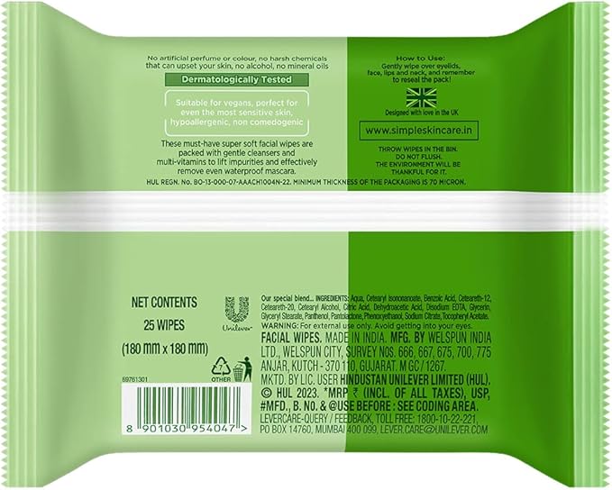 Simple Kind to Skin Cleansing Facial Wipes, 25 Count (Pack of 6)