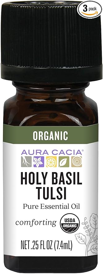 Aura Cacia Organic Holy Basil Tulsi Pure Essential Oil, Vegan, Cruelty Free, 0.25 Fluid Ounces (Pack of 3)