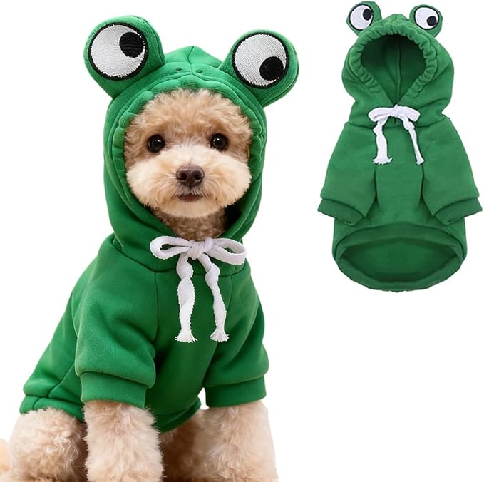 Green Frog Design Dog Hoodie Costume Autumn Winter Pet Warm Sweatshirt, XS | Cute Design Pet Fleece Lined Clothing For 2-25 lbs Small Medium Dog Cat French Bulldog Chihuahua Pug Terrier Poodle Dachshund