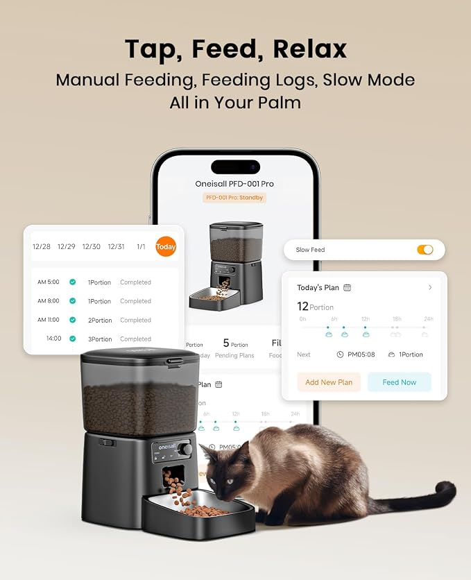 oneisall 2.4 GHz Wi-Fi Automatic Cat Feeder, 3.5L/15 Cups | Timed Meals, Feed Now, Feeding Logs, Slow Feed, Precise Portion, Dual Power Backup, Family Share, Stainless Steel Bowl