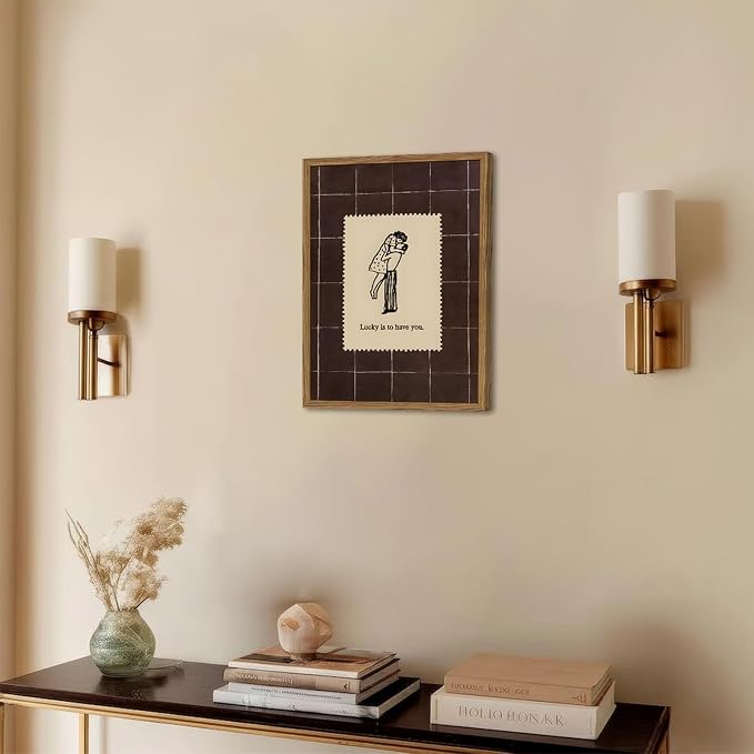 Vintage Love Couples Wall Art, Mid Century Lucky is to Have You Wall Decor Picture Romantic Anniversary Valentine Stamp Poster Canvas Prints for Bedroom Living Room 16x24 inch Wood Framed