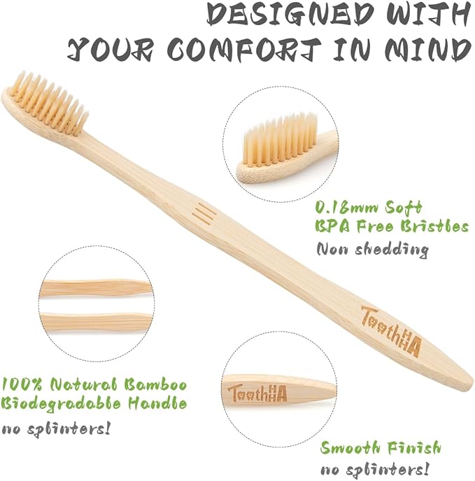 Tooth HaHa Bamboo Toothbrushes for Adults, BPA-Free Soft Tapered Bristles, Eco-Friendly Natural Organic Wooden Toothbrush, 10-Count Toothbrushes Travel Set