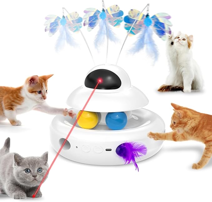 MOHAYA Cat Toys，4-in-1 Interactive Cat Toy for Indoor Cats with Laser, Fluttering Butterfly, Moving Feather and Track Balls - USB Rechargeable Self-Play Kitten Toy (White)