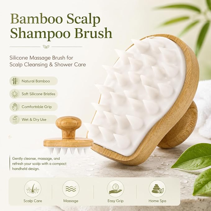 FOMIYES Bamboo Wooden Scalp Massage Brush Hair Wash Scrubber for Deep Scalp Cleaning and Dandruff Removal Comfortable Shampoo Massager for Daily Hair Care