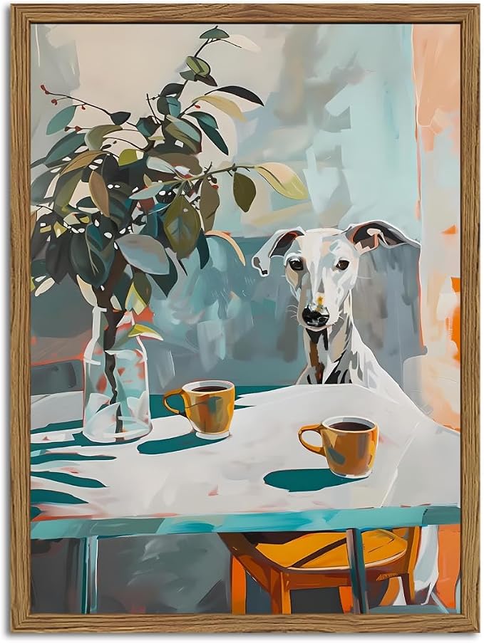 Funny Dog Wall Art, Whimsical Whippet Wall Decor Painting Cute Greyhound Poster Canvas Print Animal Artwork for Dining Room Kitchen Living Room 16x24 inch Wood Framed