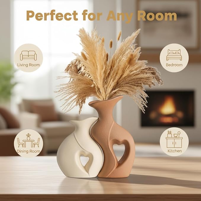 Beige and Brown Ceramic Vase Set of 2，Heart Shaped Home Decor | Nordic, Modern, Table Centerpiece Dining Living Room Office Coffee Table Wedding House Decoration, H 8.5 Inches