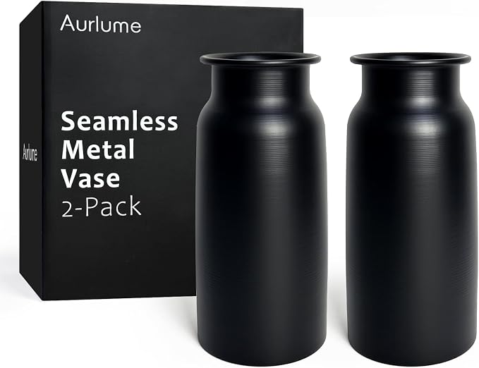 Set of 2 Black Seamless Wide Mouth Metal Flower Vase, 10.8" Tall Modern Matte Black Floral Vase Pair, Shatterproof Leakproof, Industrial Home Decor Centerpiece for Table, Mantle, Shelf
