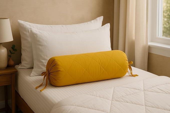 Saffron Quilted Bolster Pillow Cover (Mustard, 8" Diameter x24 Long (20 cm x 60 cm))