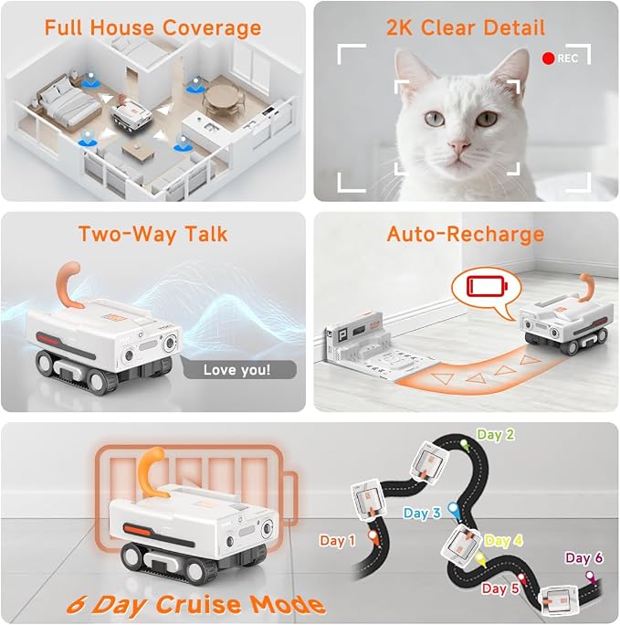 PMATE Self-Moving Pets Camera AI-Powered Rover with Auto Tracking & Patrol, 2K Live View, Night Vision, 2-Way Talk, and Auto-Recharge (A3-White)