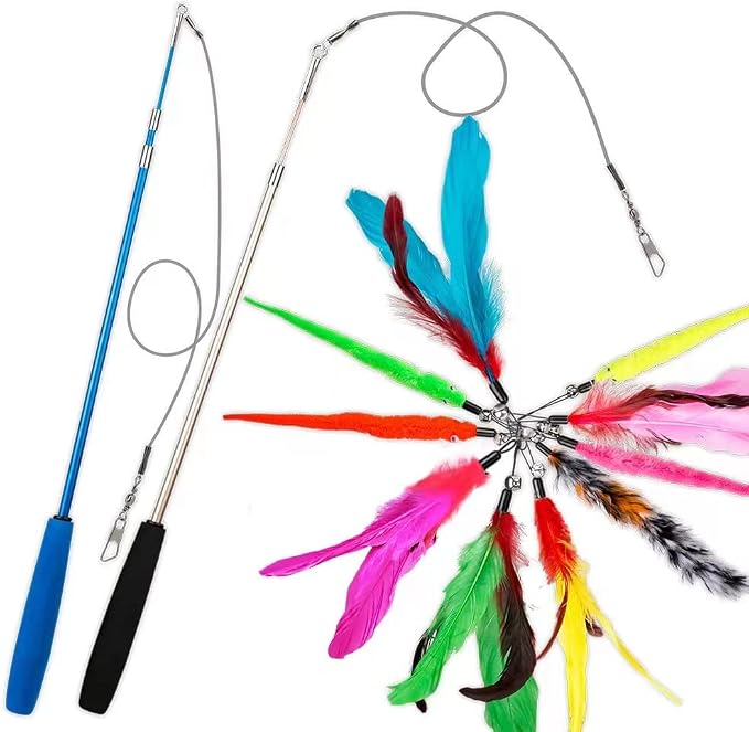 JIARON Cat Toys Interactive Feather Toy, 2PCS Retractable Wand and 10PCS Replacement Teaser with Bell Refills, Interactive Catcher and Funny Exercise for Kitten.