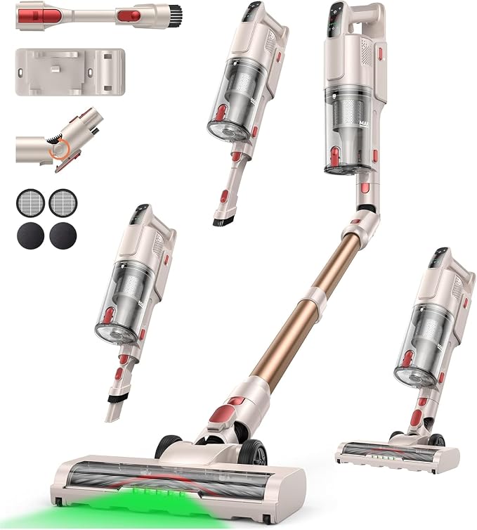 Cordless Vacuum Cleaner 650W 55KPA, 60Mins Stick Vacuum Cordless Rechargeable with 90° Folding Tube, Adjustable Height, Anti-tangle Brush, Wall-Mount, Handheld Vacuum Cleaner for Home/Pet Hair/Floors