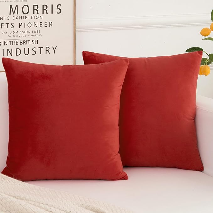 Velvet Decorative Throw Pillow Covers, Soft Square Cushion Case Home Decor for Living Room Couch Bed Sofa, Set of 2 Pack, Christmas Red, 18x18 Inch