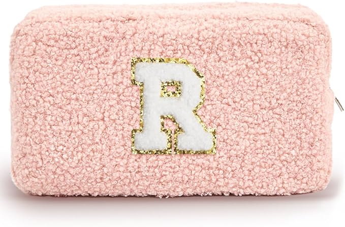 Cute Makeup Bag, Initial Cosmetic Bag, Fuzzy Makeup Bags for Women, Preppy Pink Makeup Pouch with Chenille Letter, Personalized Gifts for Women, Pink R