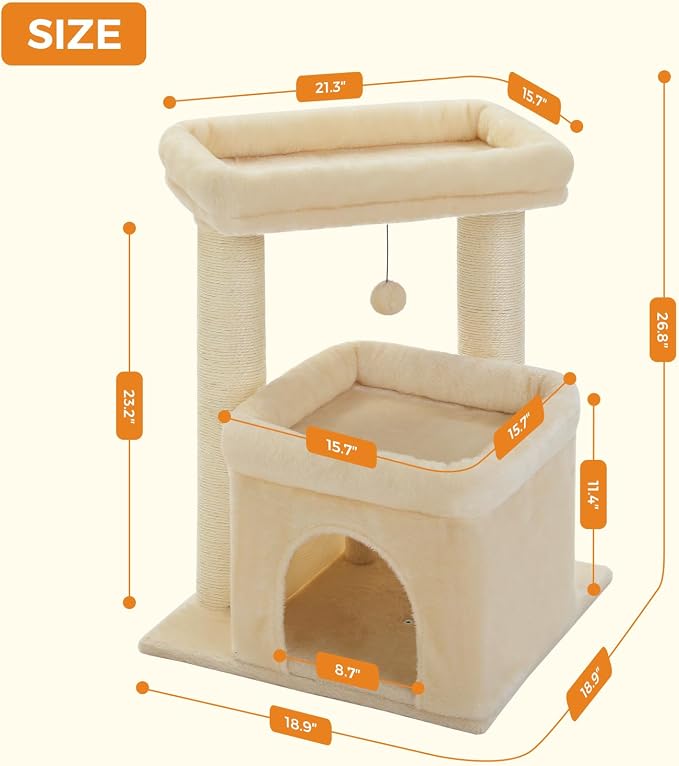 PEQULTI Cat Tree Tower for Large Indoor Cats, Extra Large Perch, Beige | Sisal wrapped scratch posts, oversized resting perch, sturdy cat tower furniture for indoor large cats