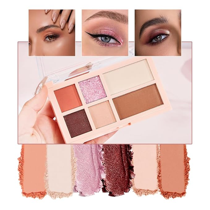 6 Colors Velvety Smooth Eyeshadow Palette, Neutral Nude Eye Shadow Matte & Shimmer Shades, Highly Pigmented Waterproof Long-Lasting Travel-Friendly Daily Eye Makeup Palette for Women, 2#