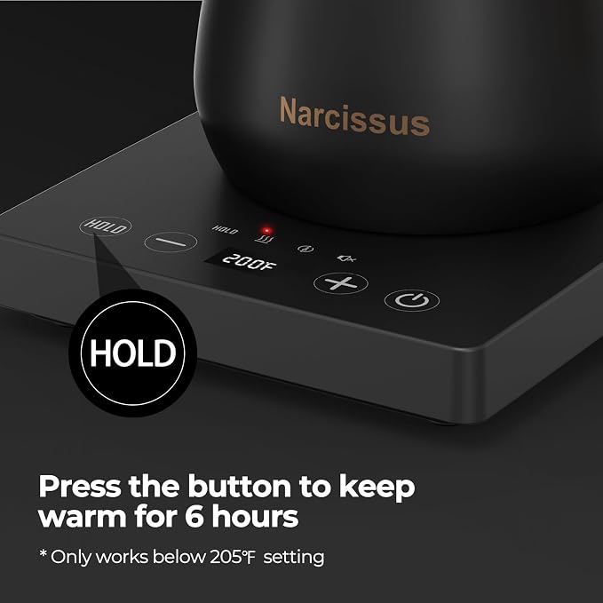 Narcissus P901 Gooseneck Electric Kettle with ±1℉ Temperature Control Function, 1200 Watt Rapid Boiling in 5 Mins, Max 6 Hours Keeping Warm, 304 Stainless Steel Interior, BPA Free, Black