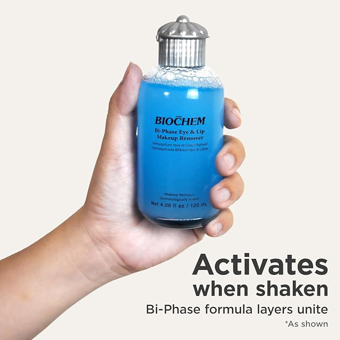 BIOCHEM Bi-Phase Eye & Lip Heavy Makeup Remover, Waterproof Mascara Remover, Gentle Cleanser liquid for Makeup with Natural Ingredients for Sensitive, Normal Skin Types (4.06 fl. oz / 120 ml)