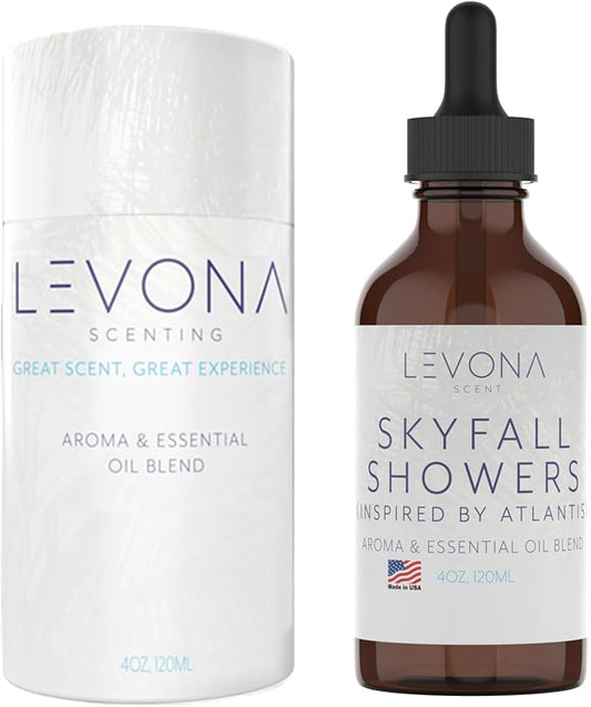 Levona Scent Essential Oil - Luxury Aroma for Home, Office, Hotel & Spa, Ideal for Humidifiers & Diffusers, Hotel Fragrance with Neroli, Orange & Melon - 120ml / 4 fl oz, Skyfall Showers