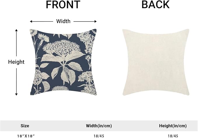 Floral Pillow Covers 18x18 Set of 2 Blue Beige Hydrangea Herbs Botanical Throw Pillow Covers Outdoor Decor Vintage Boho Flower Pillowcase Farmhouse Decorative Linen Cushion Case for Couch Sofa