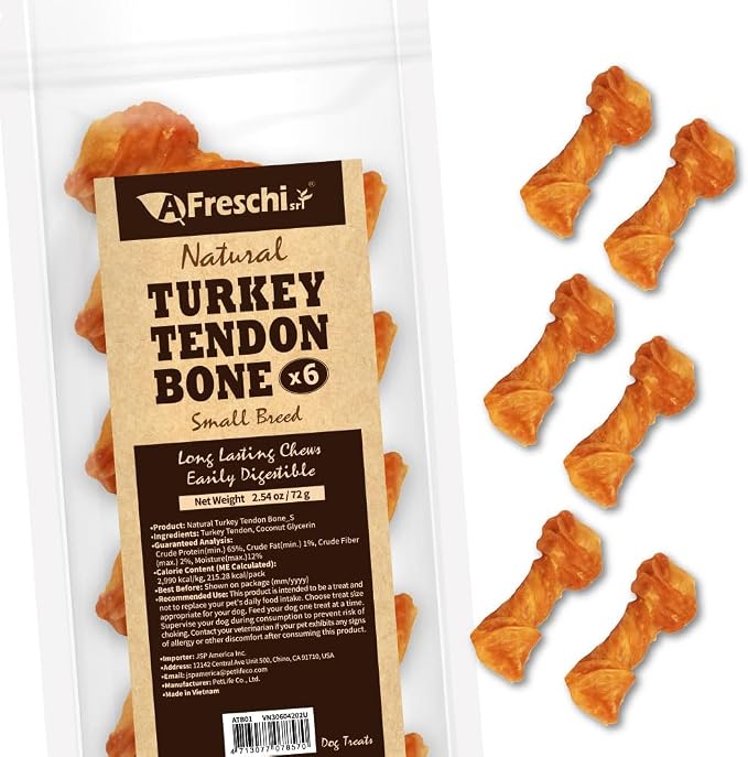 A Freschi srl Turkey Tendons for Dogs, USA-Sourced Human Grade, Rawhide-Free Long-Lasting Puppy Chews, All Natural Hypoallergenic Dog Treats for Small Breeds, Bone (S), 6 Count Pack