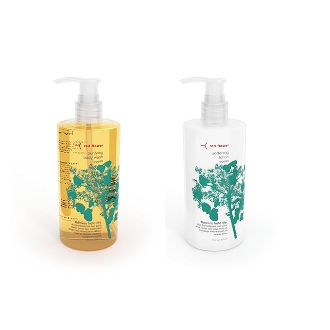 Red Flower Ocean Body Care Duo: Purifying Body Wash & Softening Lotion Set for Hydrated, Fresh, Nourished Skin