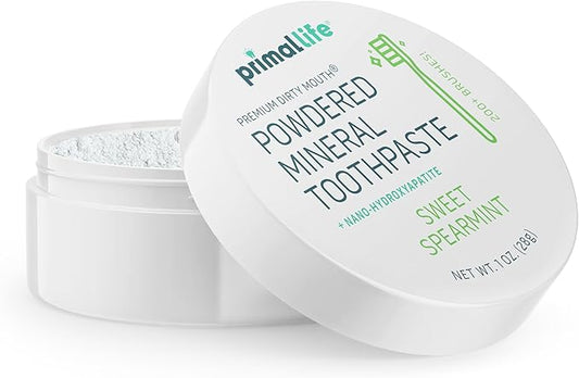 Primal Life Organics - Dirty Mouth Toothpowder, Tooth Cleaning Powder, Flavored Essential Oils with Natural Kaolin & Bentonite Clay, Good for 200+ Brushings, Organic, Vegan (Sweet Spearmint, 1 oz)