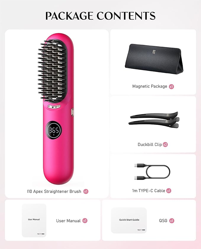 Fanttik Solo I10 APEX Portable Hair Straightener Brush, Cordless Straightening Comb with 113% Larger Heating Area, LED Display & Ceramic Coating, Ionic Technology & Safe Mode - Pink