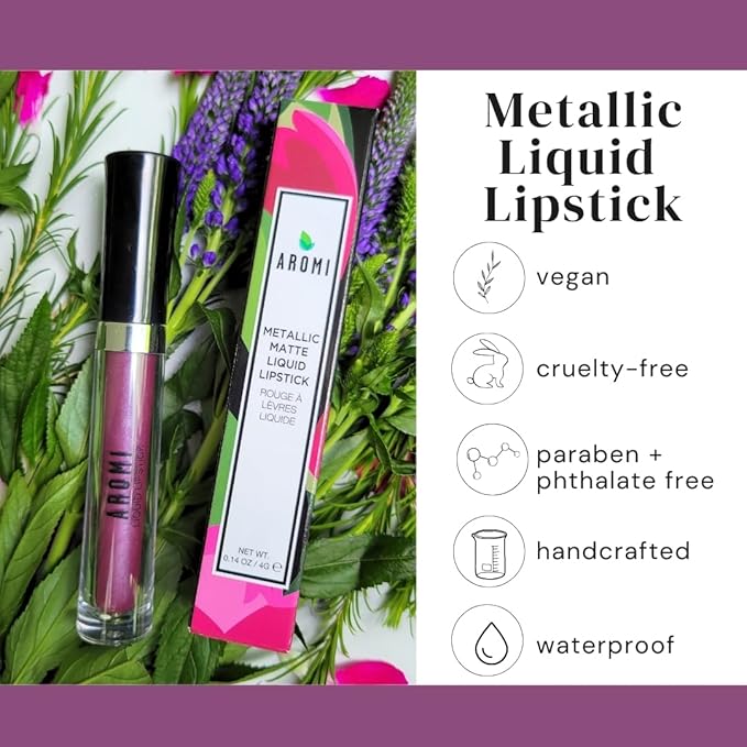 Aromi Metallic Liquid Lipstick | Long-lasting Lip Color for Women with Shimmery Finish, Dark Purple Shade, Waterproof, Vegan (Vulgar Violet)