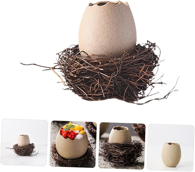 Ciieeo Bird Nest Vase Eggshell Planter Ceramic Flower Pot with Rattan Nest 4.33 X 4.33 X 3.34 in for Succulents Cactus Bonsai Hydroponic Display Desk Windowsill Balcony Home Decor