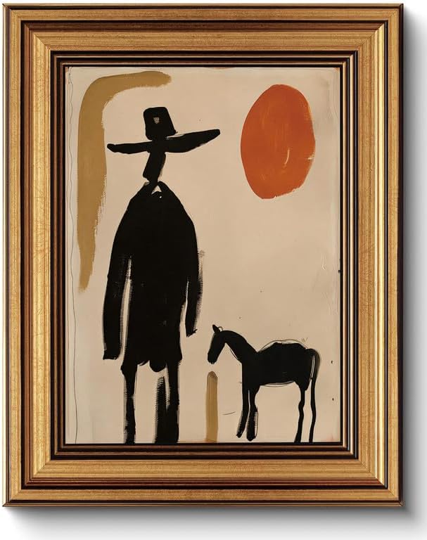 Western Desert Gold Framed Wall Art Abstract Cowboy Horse Sunset Wall Decor | Southwestern Vintage Pictures Canvas Art Minimalist Small Framed Print Artwork for Bedside Table Foyer Bookshelf Gallery Wall