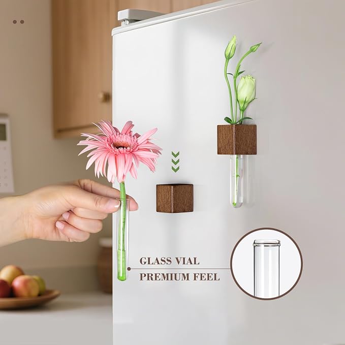 Magnetic Test Tube Flower Vases for Refrigerator, Set of 2 | 2-Pack wooden magnetic vases in a dark wood finish for fresh cuttings and plant propagation. Plant not included.