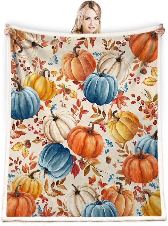Fall Pumpkins Throw Blanket, Autumn Orange White Blue Pumpkins Leaves and Berries Soft Warm Fleece Blanket for Living Room Couch Bed Chair or Dorm, 40"x50"