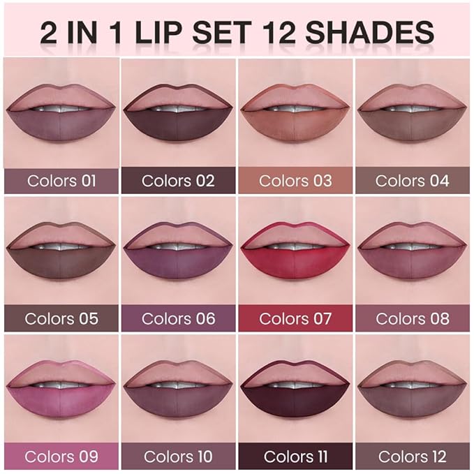 AMY'S DIARY 2pcs Matte Purple Red Lip Liner & Lipstick Makeup Set, Liquid Lipstick 24H and Lip Liner Set Matt Liquid Lips Make Up Waterproof Long Lasting (08#, 2 Pcs Set)