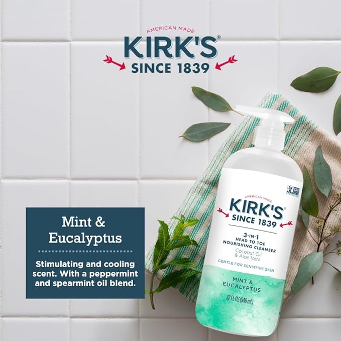 Kirk's 3-in-1 Head to Toe Nourishing Liquid Cleanser - for Men, Women, & Children - Premium Coconut Oil & Aloe Vera - Non GMO & Vegan - Mint and Eucalyptus - 32 Fl Oz.