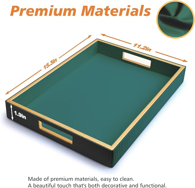 Leather Tray Desktop Storage Organizer, Rectangle Valet Tray, Green | Premium Serving Trays with Handles, Decorative Tray Desk Organizer for Sundries Cosmetics Phone Wallet Keys Cutlery