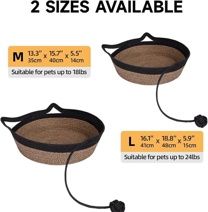 Cat Bed, Cotton Rope Instinct Basket for Cats, Handwoven Cat Beds | Stimuli Handwoven Basket for Cat, Pet Sleeping Bed with Rope Ball, Puppies, Rabbits and Small Pets(Large, Black & Brown)