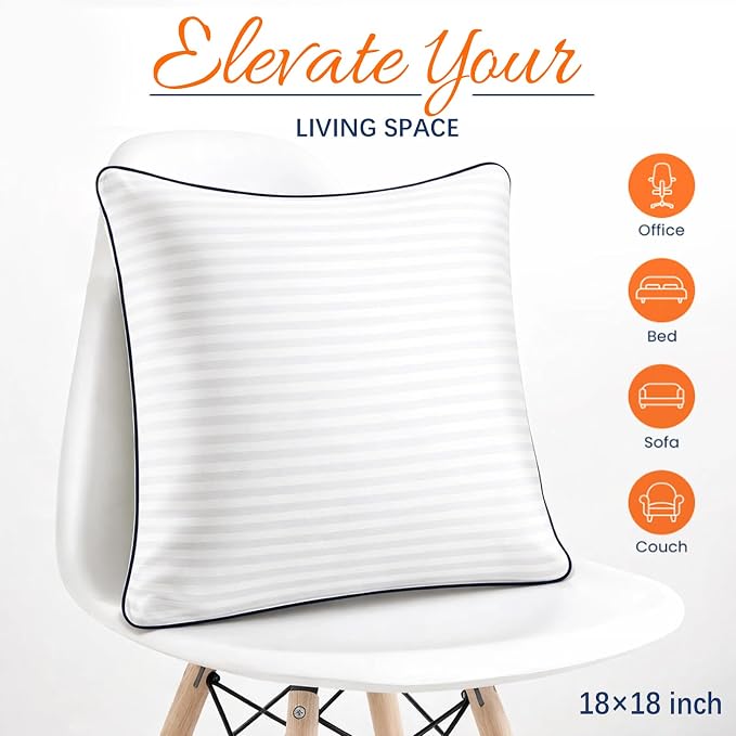Yettbea 18x18 Inches Pillow Inserts Set of 2- Premium Soft Down Alternative Fill, Decorative Throw Pillows for Couch, Bed & Sofa, Supportive White Striped Bedroom Pillow Forms