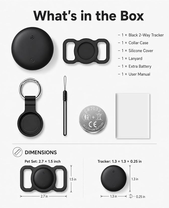 GPS Tracker for Dogs and Cats, iOS & Android, Real-Time Tracking (Matte Black) | Pet Tracker for Apple Find My or Google Find Hub; no monthly fee, 7-day history, IP67 water resistance and spare battery.