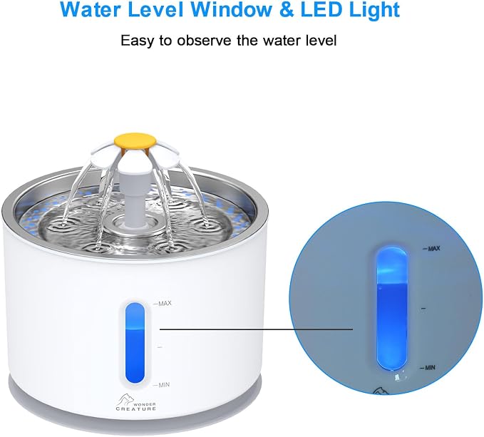 Wonder Creature Cat Water Fountain Stainless Steel Lid with 4 Filters, 81oz | 2.4L Pet Fountain with 4 Filters, 4 Sponges, Quiet Pump, Water Level Window, Stainless Steel Lid for Cats and Dogs