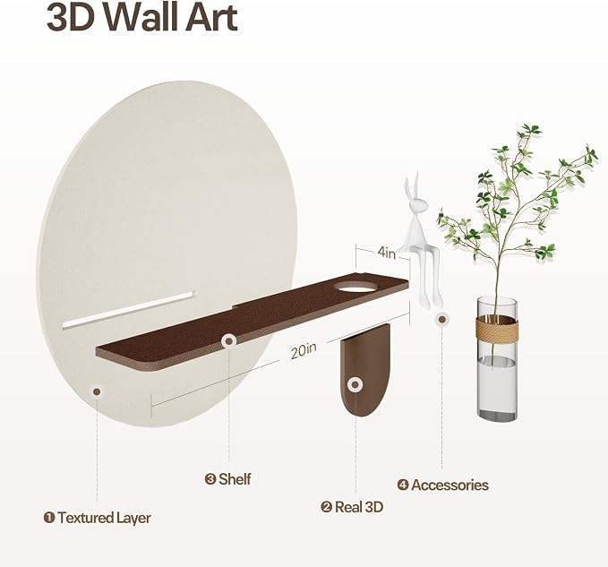 3D Textured Neutral Round Wall Art with Vase, Modern Minimalist Painting Artwork for Walls, Cream Geometric Circle Picture Wall Decor for Living Room, Hallway, Dining Room, Bedroom, Office, 24x31 Inch