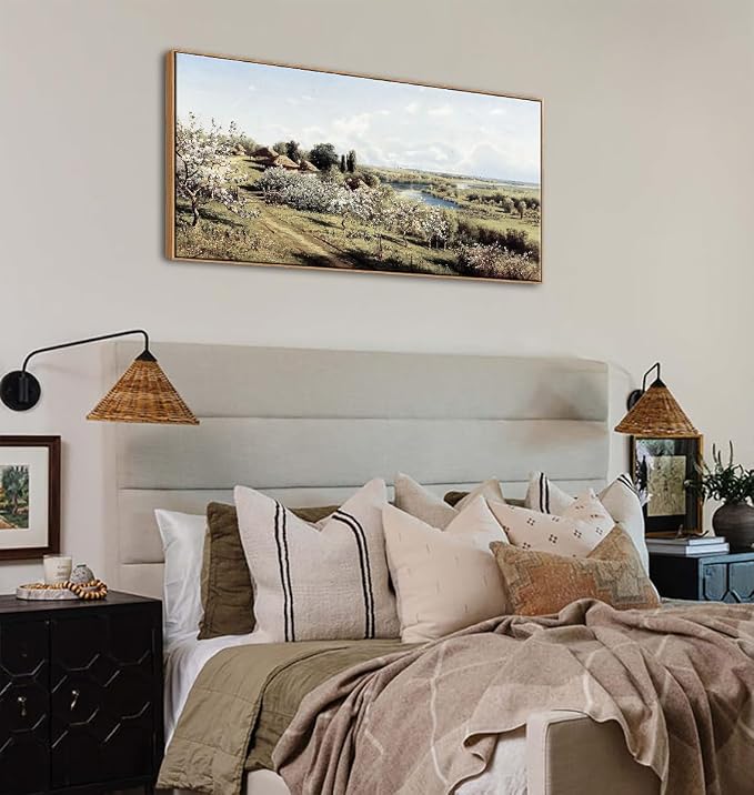 DJSYLIFE Farmhouse Apple Blossoms Landscape Framed Wall Art for Living Room | 20x40inch Vintage Canvas Picture, Large Country Painting Print, Rustic Artwork Decor for Bedroom & Above Bed, Ready to Hang